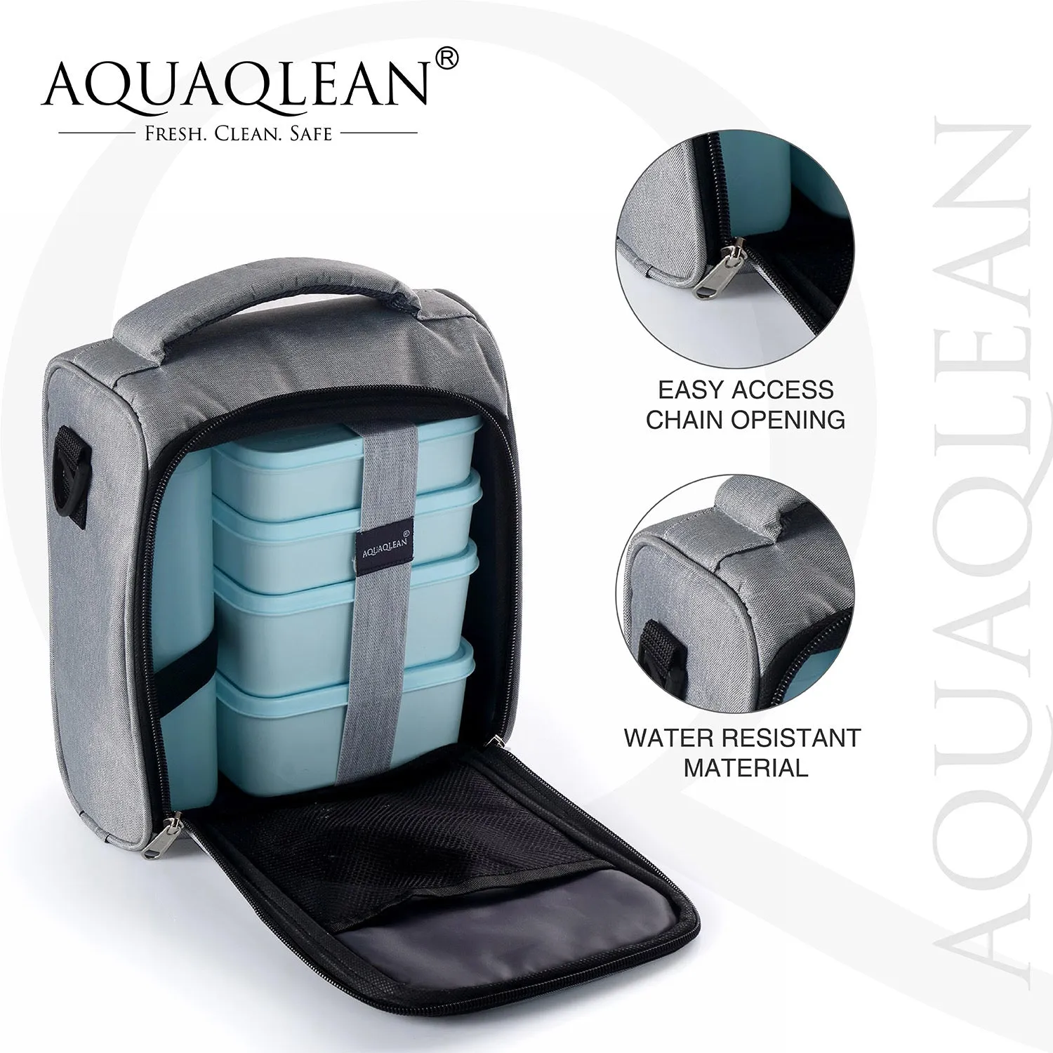 AQUAQLEAN Exquisite Lunch Box with Bag, 4 Food Grade Plastic Containers   1 Water Bottle, Light Weight | Microwave Safe | Easy to Carry | Leak Proof I (Grey)