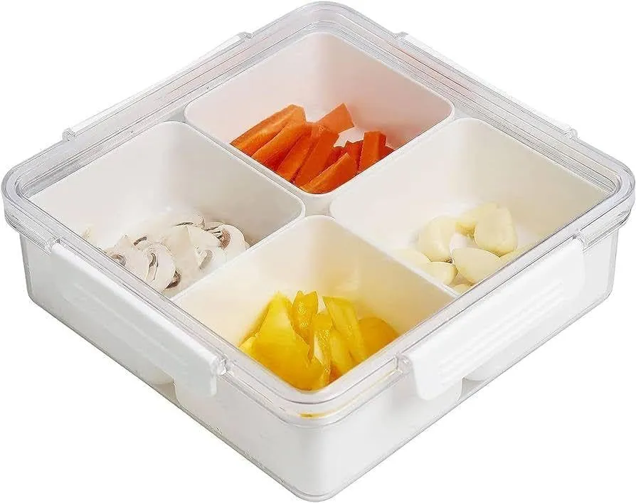 Bissell Storage Serving Trays for Divided Veggie Tray with Lid Sealed Sectioned Snack Serving Platter Storage with 4 Compartments Snackle Box (White)