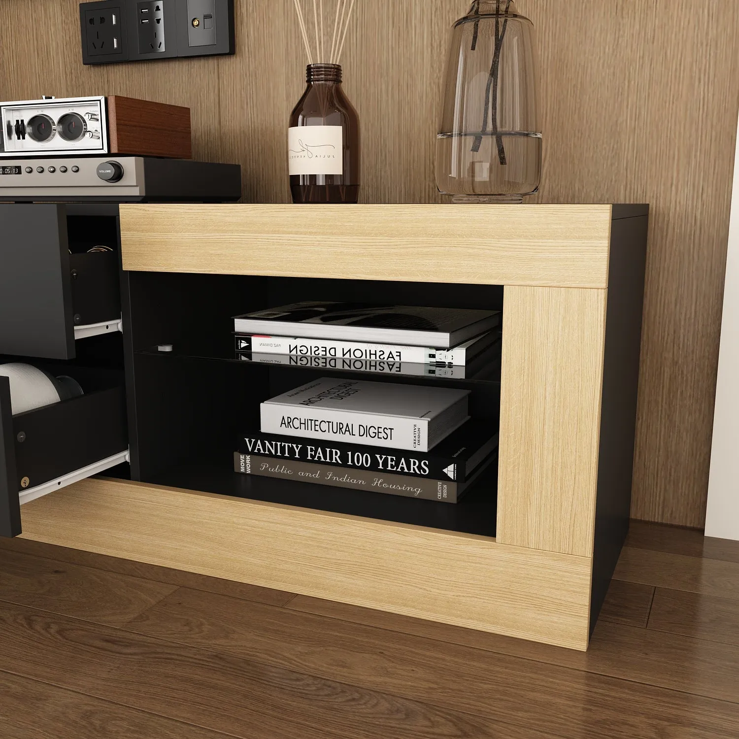 Black and Wood Entertainment Center with LED Lights Versatile TV Stand - 104.5“