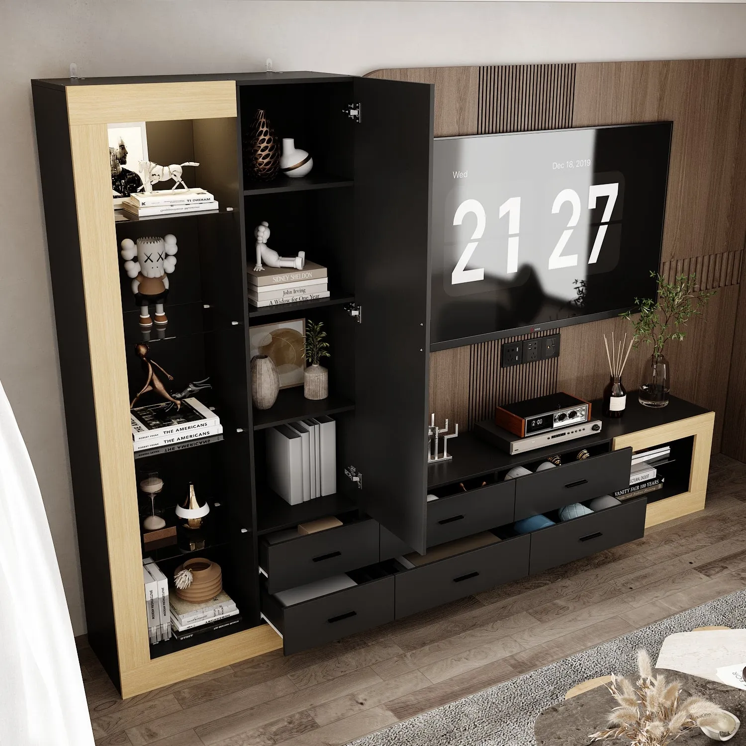 Black and Wood Entertainment Center with LED Lights Versatile TV Stand - 104.5“