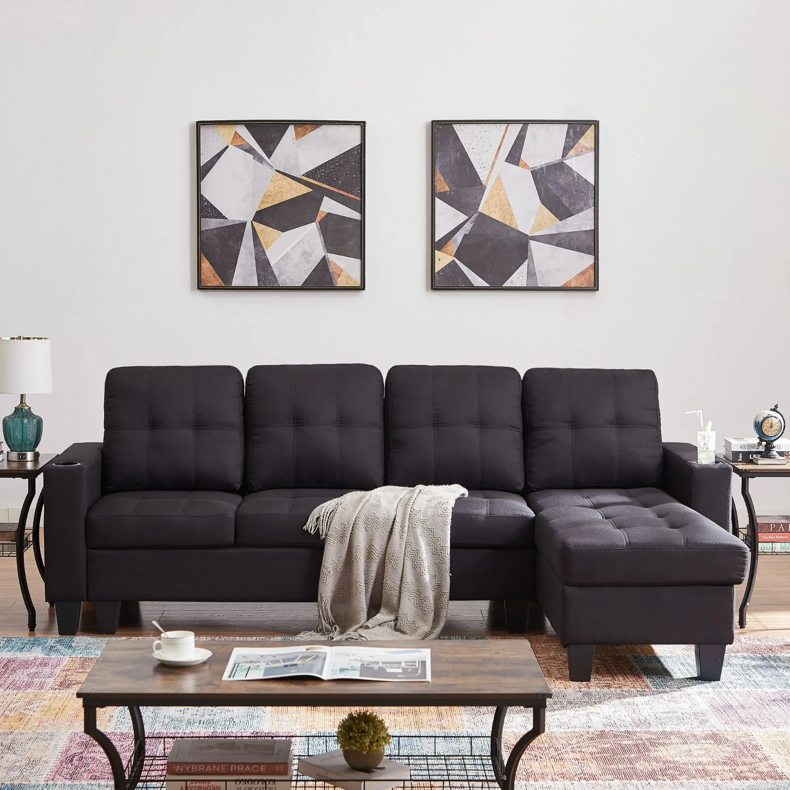 Black Fabric Reversible Sectional w/ Cup Holders