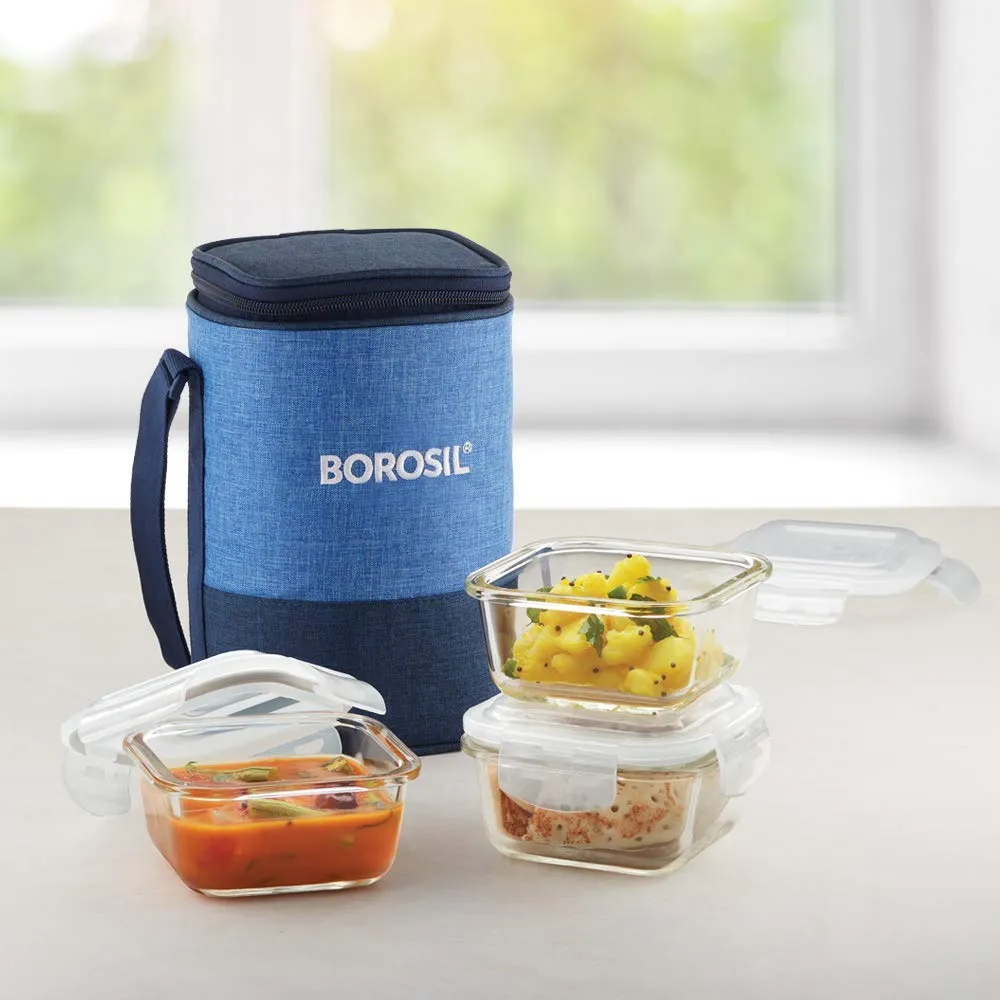 Borosil - Prime Borosilicate Glass Lunch Box Set of 3, 320 ml, Square, Microwave Safe Office Tiffin, Blue, Transparent