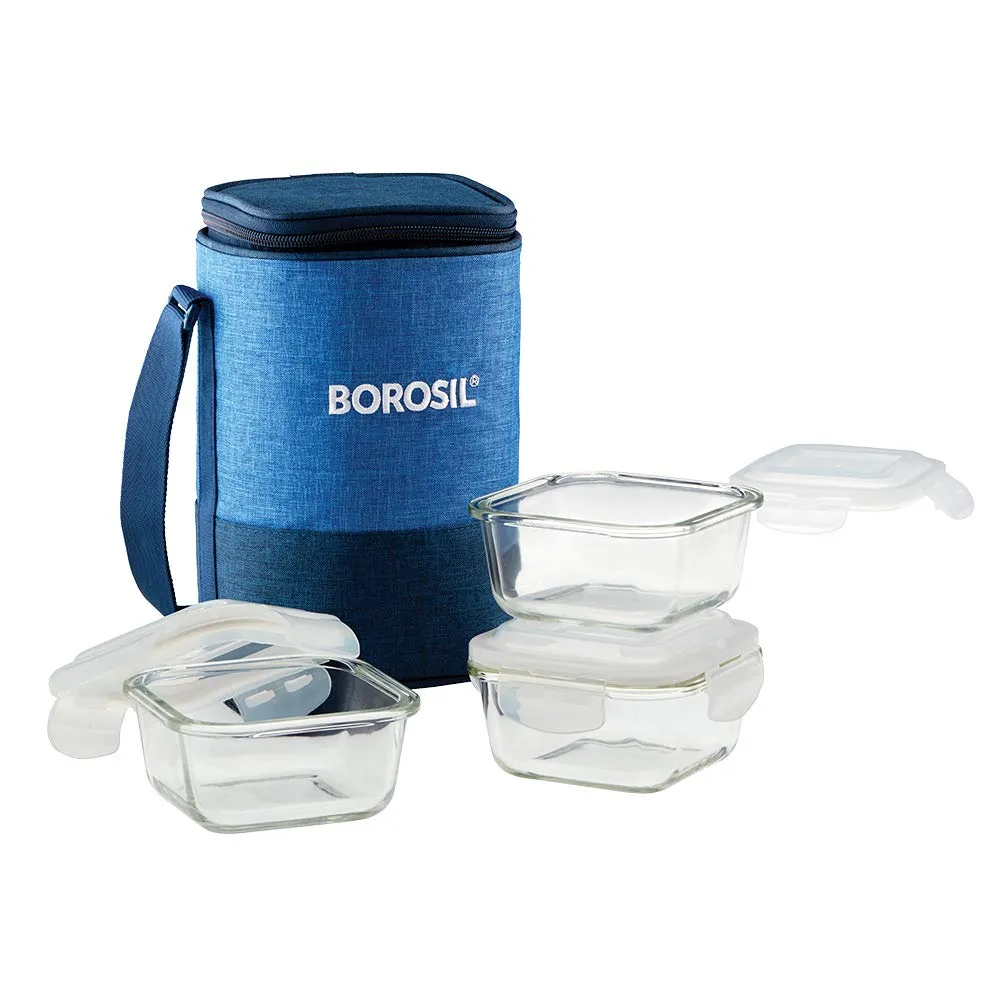 Borosil - Prime Borosilicate Glass Lunch Box Set of 3, 320 ml, Square, Microwave Safe Office Tiffin, Blue, Transparent