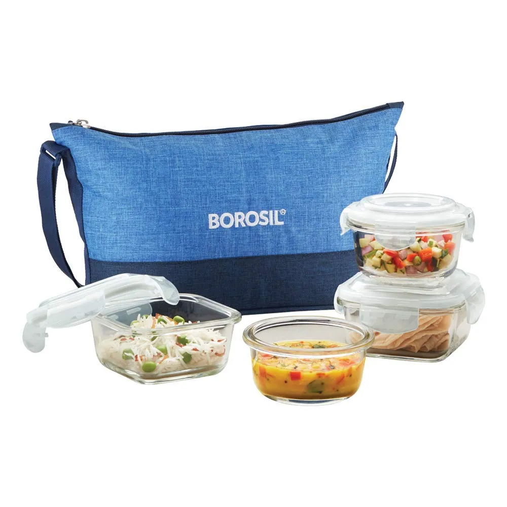 Borosil Prime Daisy Glass Lunch Box Set of 4, (320 ml Sq   240 ml Rnd) Microwave Safe Office Tiffin & Prime Universal Glass Lunch Box Set of 4, (320 ml Sq   240 ml Rnd) Microwave Safe Office Tif Combo