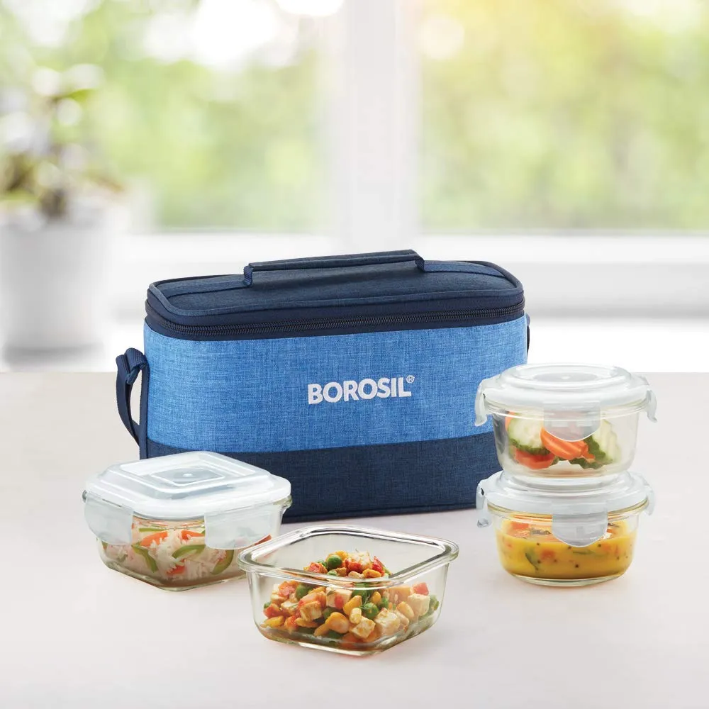 Borosil Prime Daisy Glass Lunch Box Set of 4, (320 ml Sq   240 ml Rnd) Microwave Safe Office Tiffin & Prime Universal Glass Lunch Box Set of 4, (320 ml Sq   240 ml Rnd) Microwave Safe Office Tif Combo