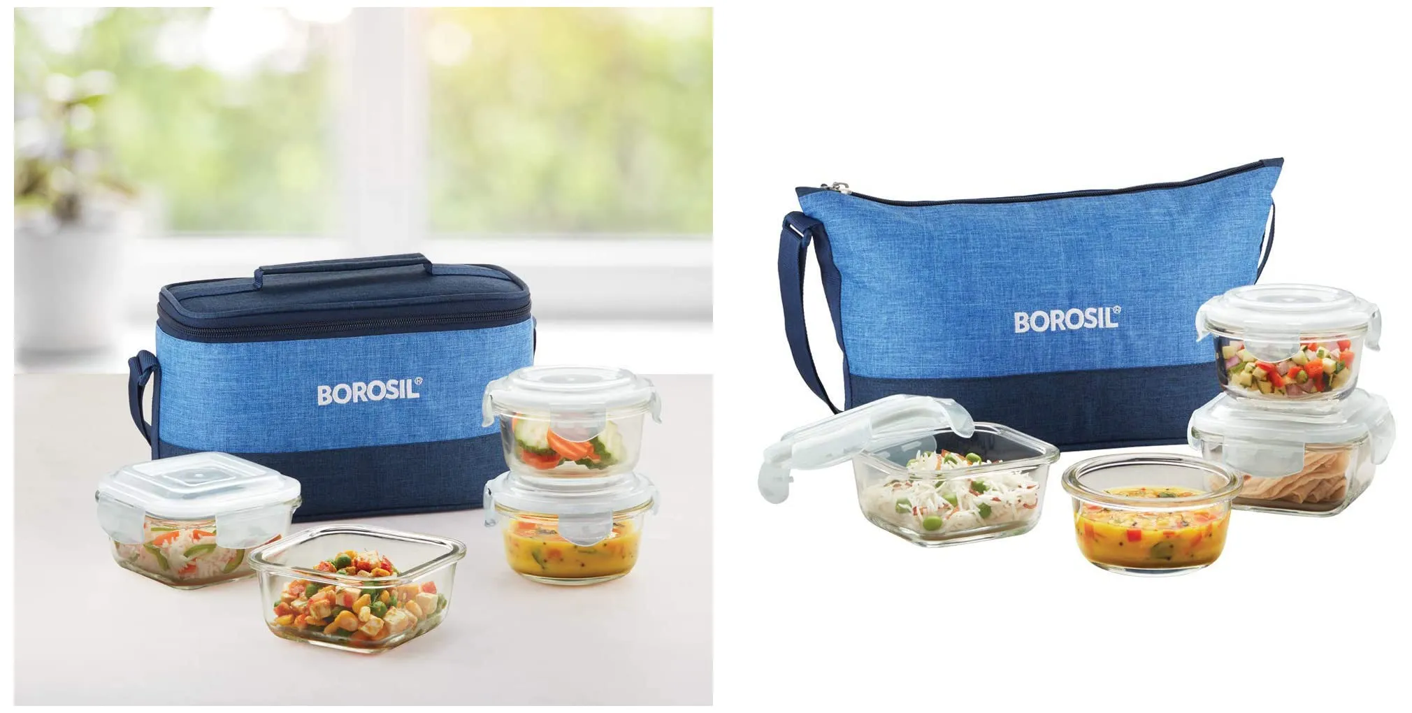 Borosil Prime Daisy Glass Lunch Box Set of 4, (320 ml Sq   240 ml Rnd) Microwave Safe Office Tiffin & Prime Universal Glass Lunch Box Set of 4, (320 ml Sq   240 ml Rnd) Microwave Safe Office Tif Combo