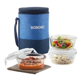 Borosil - Prime Glass Lunch Box 400 ml, Round, Microwave Safe Office Tiffin (Transparent) - Set of 3,