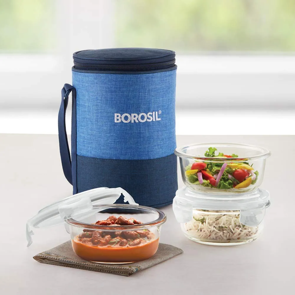 Borosil - Prime Glass Lunch Box 400 ml, Round, Microwave Safe Office Tiffin (Transparent) - Set of 3,