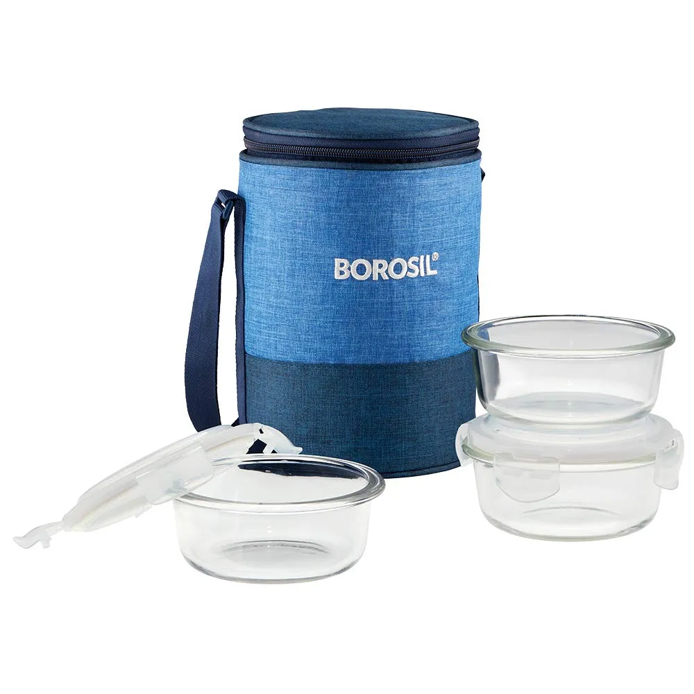 Borosil - Prime Glass Lunch Box 400 ml, Round, Microwave Safe Office Tiffin (Transparent) - Set of 3,