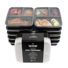 CALIFORNIA HOME GOODS 3 COMPARTMENT BENTO REUSABLE FOOD STORAGE CONTAINERS WITH LIDS, SET OF 10, FOR MEAL PREP, 21 DAY FIX