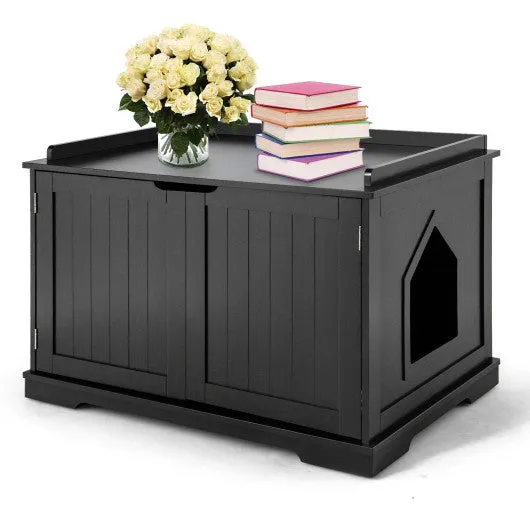 Cat Litter Box Enclosure with Double Doors for Large Cat and Kitty-Black