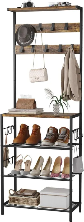 cozy 5-Tier Hall Tree with Shoe Storage, Coat and Shoe Rack Entryway, Freestanding 4-Tier Shoe Rack Storage for Hallway, Bedroom, Dorm, Entryway,Rustic Brown