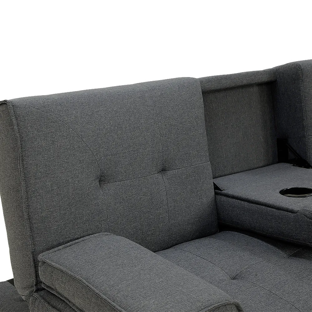 Dark Grey Linen Fabric Sofa Bed Lounge with Cup Holders