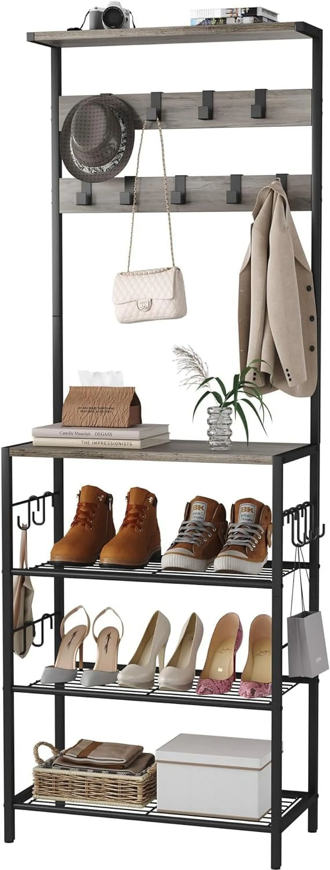 essential 5-Tier Hall Tree with Shoe Storage, Coat and Shoe Rack Entryway, Freestanding 4-Tier Shoe Rack Storage for Hallway, Bedroom, Dorm, Entryway,Rustic Brown