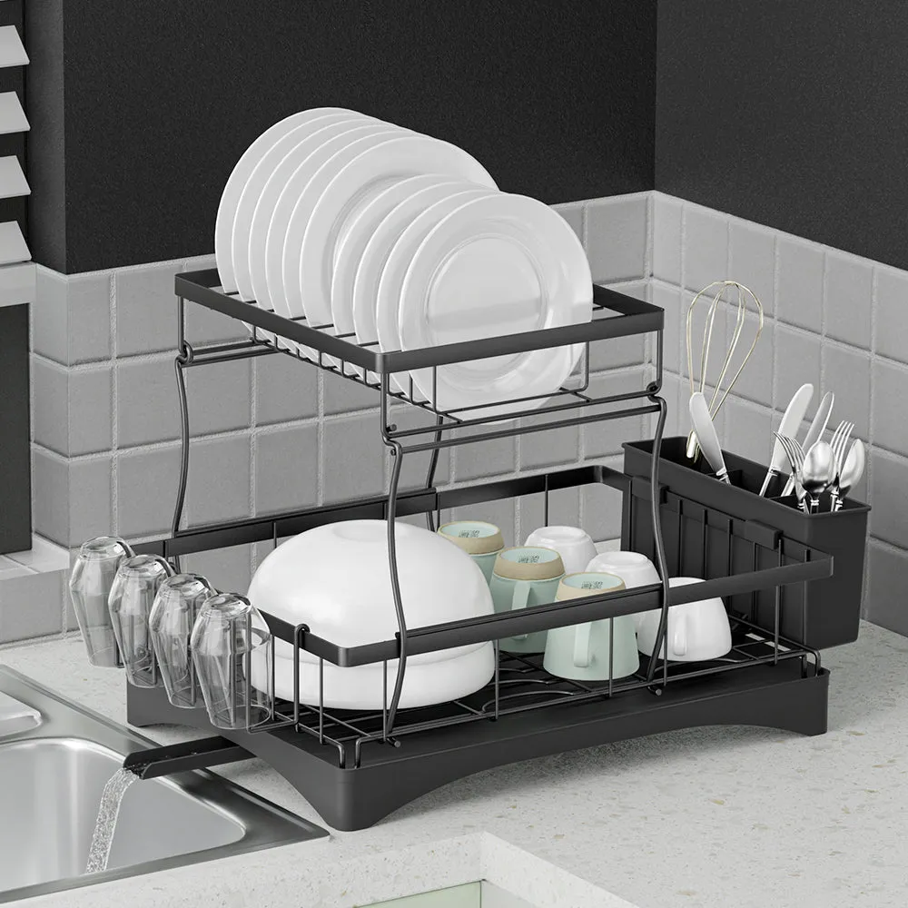 Expandable 2-Tier Dish Drying Rack with Cutlery Holder - Cefito