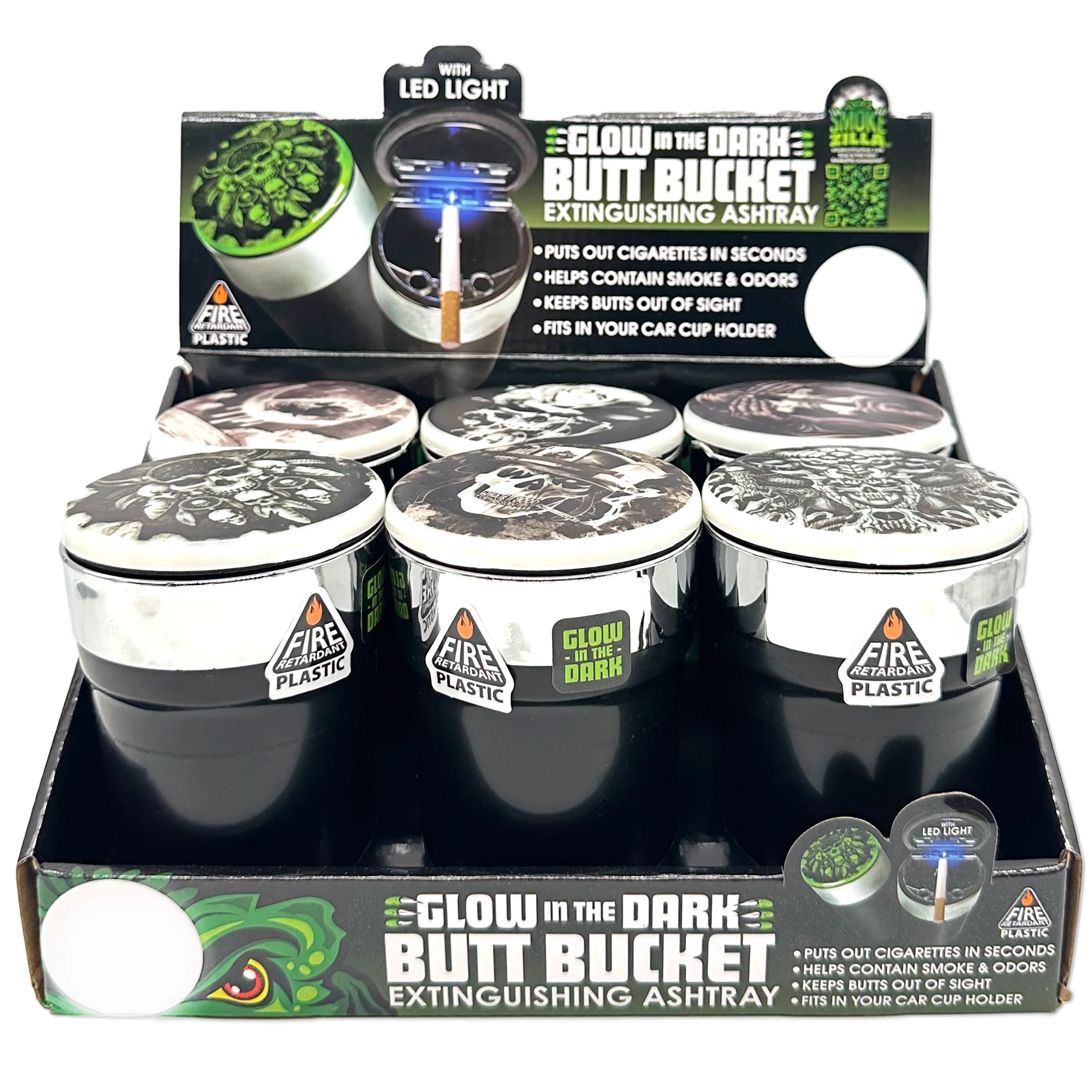 Glow In The Dark Lid Butt Bucket Ashtray with LED Light - 6 Per Retail Ready Wholesale Display 23543