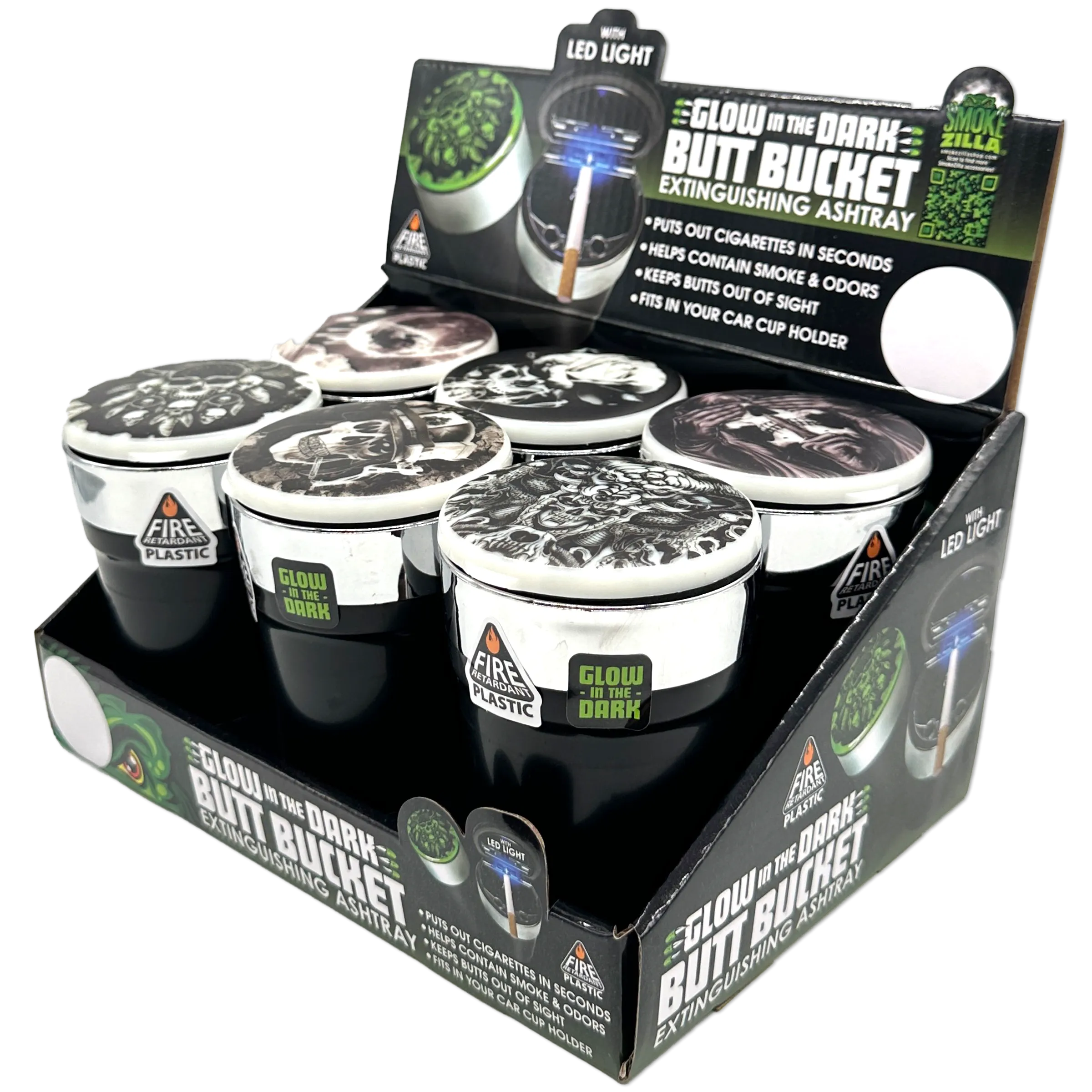 Glow In The Dark Lid Butt Bucket Ashtray with LED Light - 6 Per Retail Ready Wholesale Display 23543