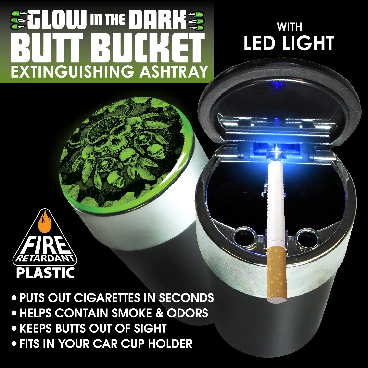 Glow In The Dark Lid Butt Bucket Ashtray with LED Light - 6 Per Retail Ready Wholesale Display 23543