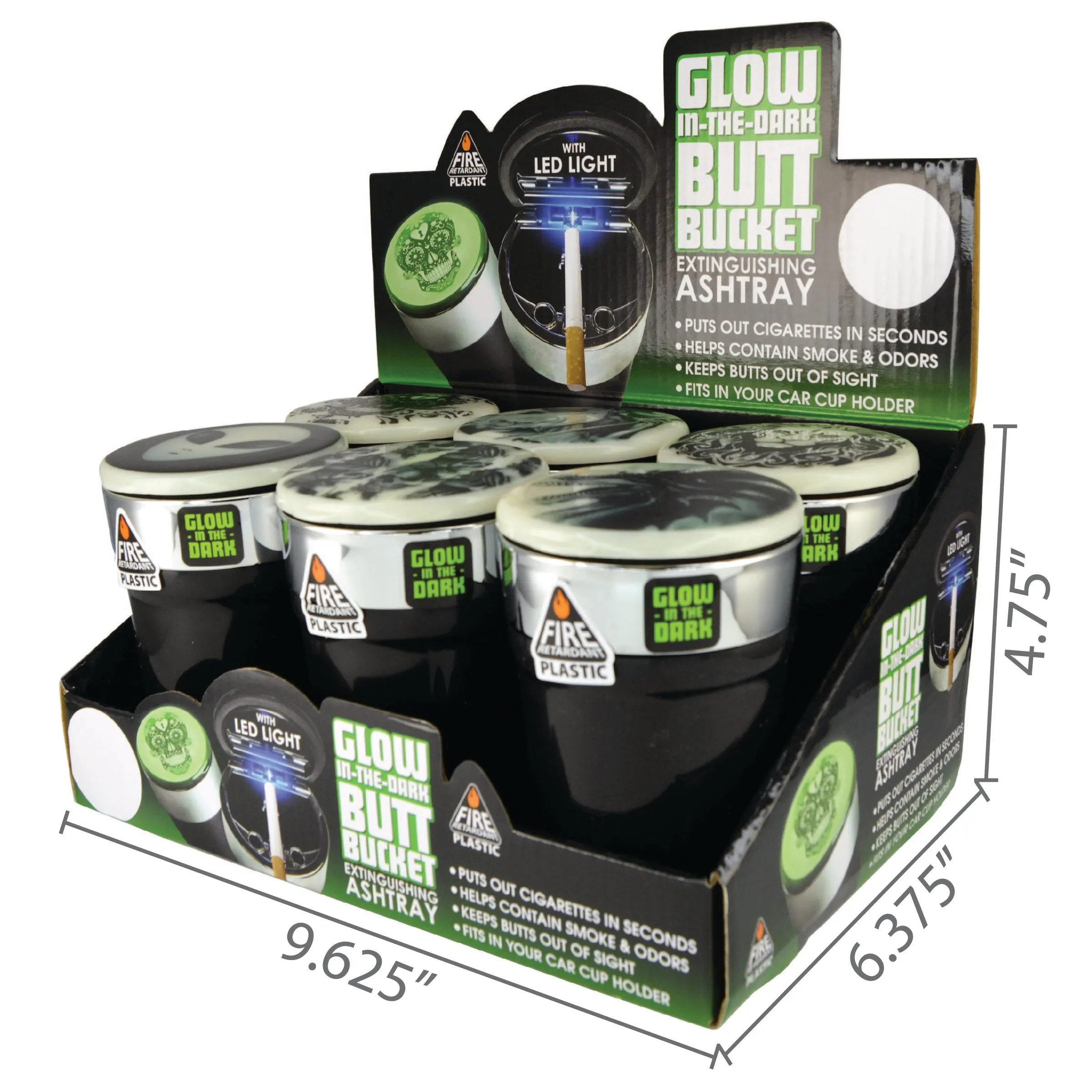 Glow in The Dark Printed Lid Butt Bucket Ashtray with LED Light - 6 Per Retail Ready Display 23786