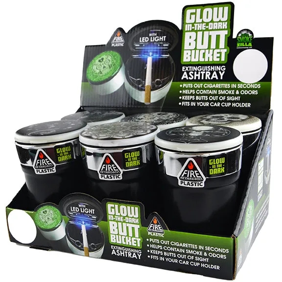 Glow in The Dark Printed Lid Butt Bucket Ashtray with LED Light - 6 Per Retail Ready Display 23786