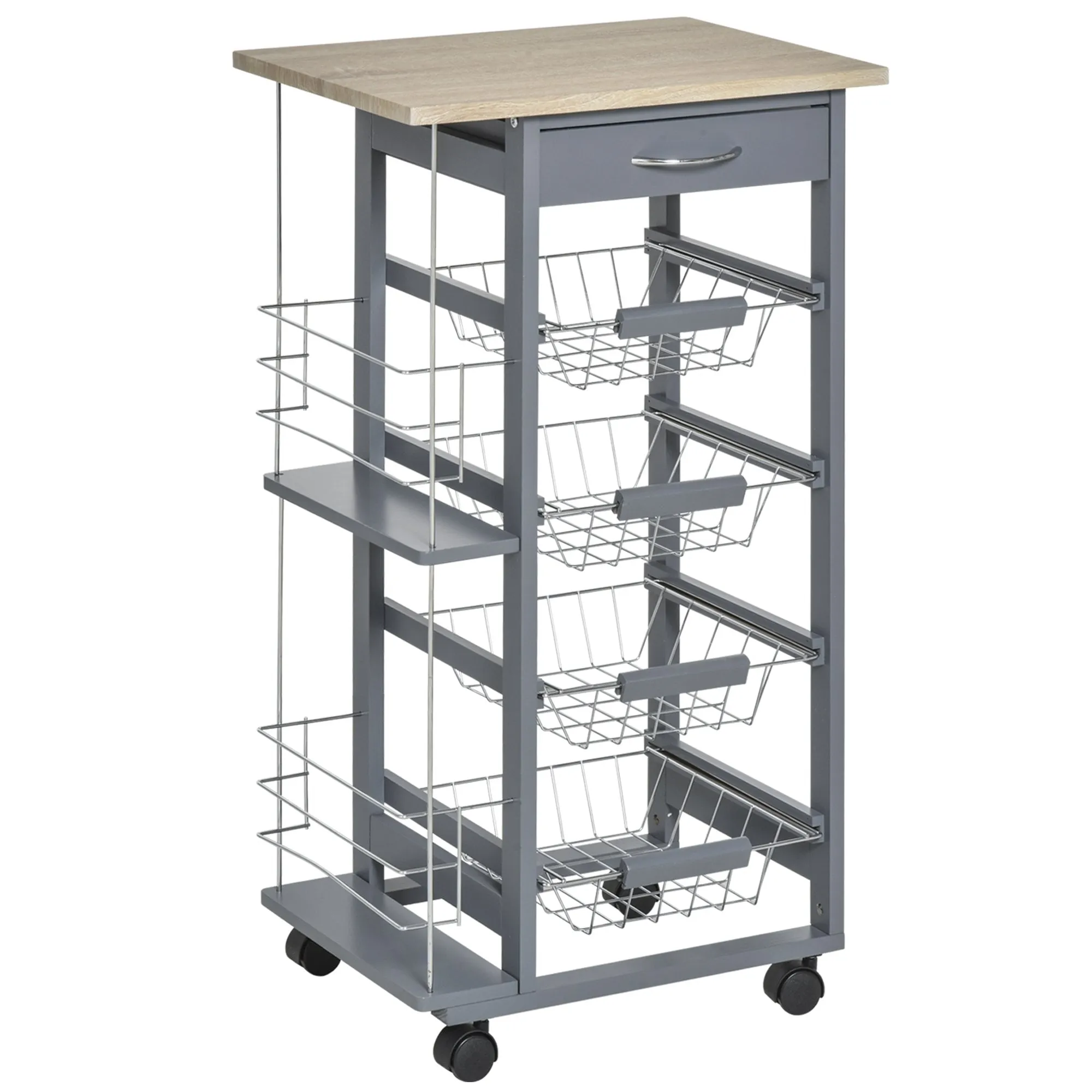 HOMCOM Multi-Use Kitchen Island Trolley w/ 4 Baskets 2 Side Racks Drawer Worktop 4 Wheels Worktop Home Food Storage Spice Vegetables Fruits Smooth Rolling Compact Furniture Dark Grey