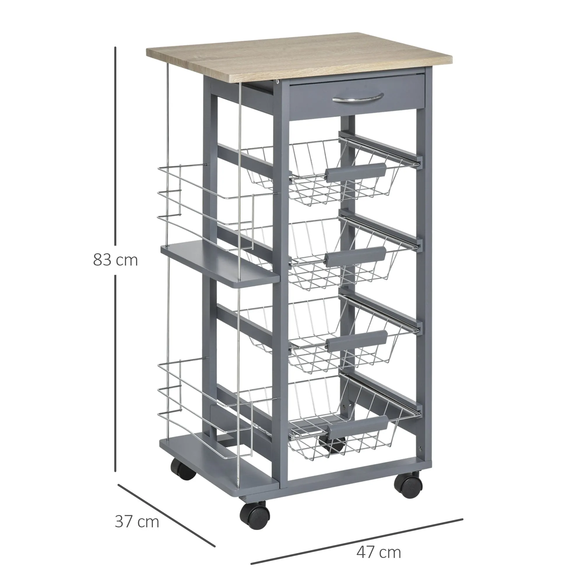 HOMCOM Multi-Use Kitchen Island Trolley w/ 4 Baskets 2 Side Racks Drawer Worktop 4 Wheels Worktop Home Food Storage Spice Vegetables Fruits Smooth Rolling Compact Furniture Dark Grey