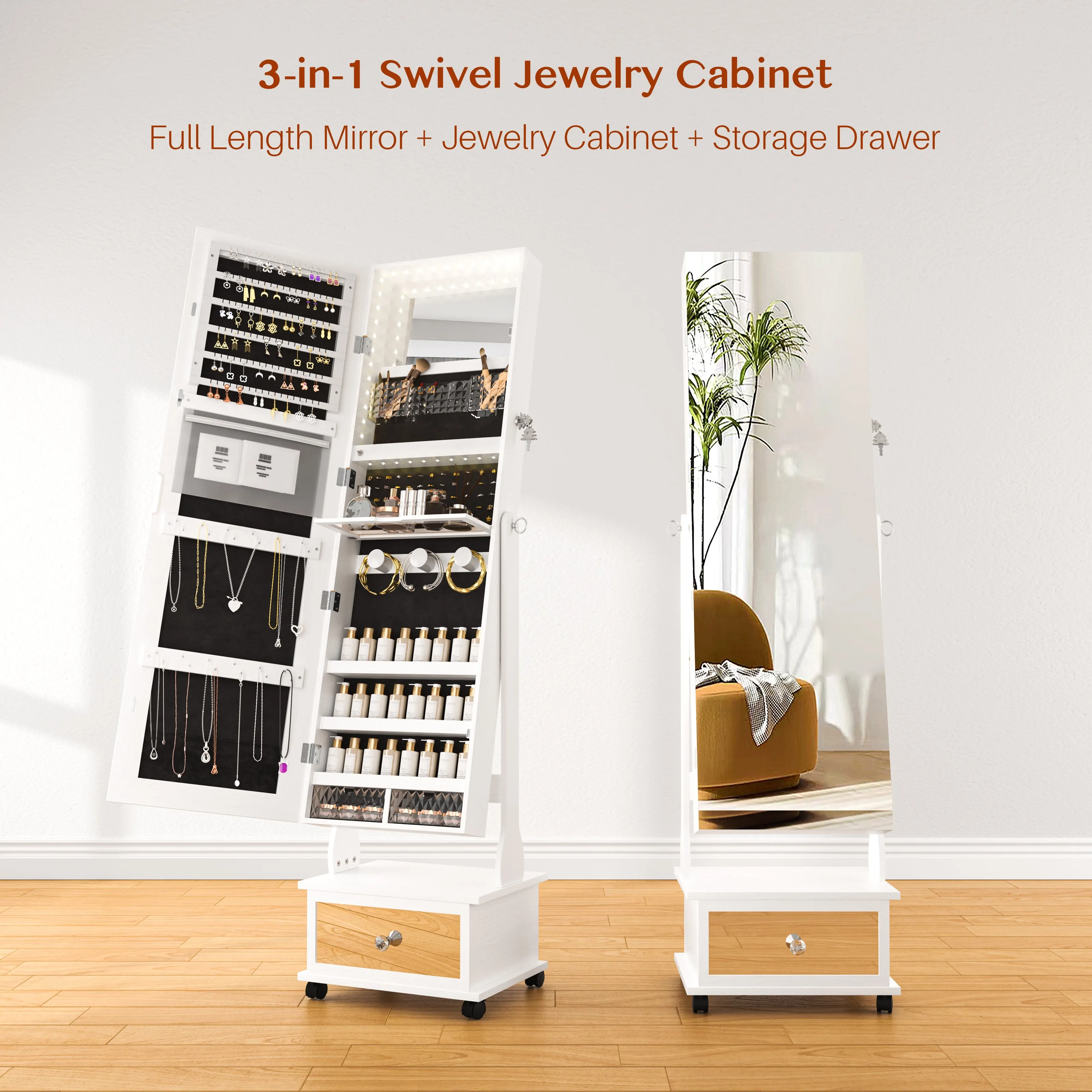 Jewelry Cabinet Standing with Full-Length Mirror, Movable