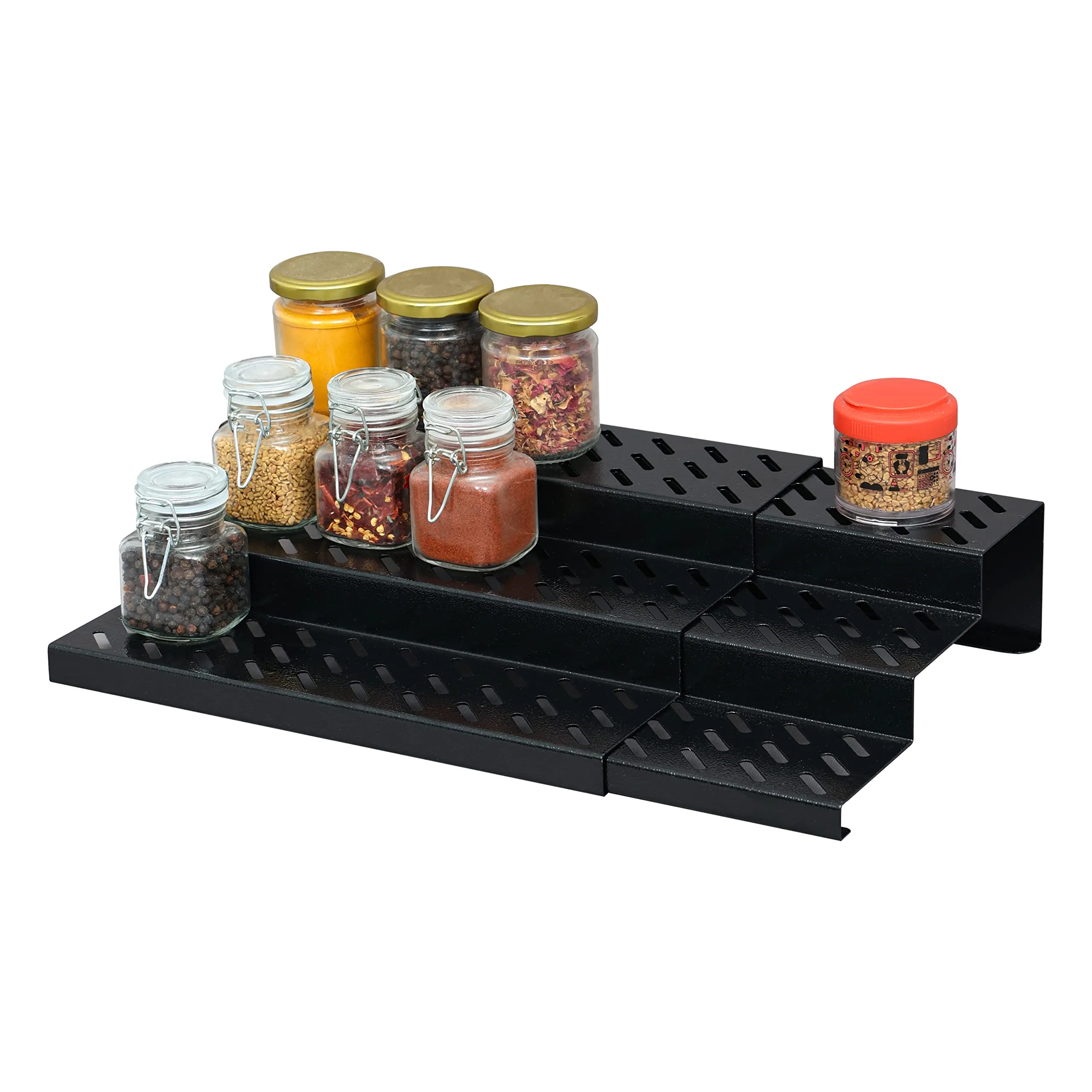 Livzing 3 Tier Expandable Spice Rack - Metal Countertop Display Shelf - Kitchen Cabinet Organizer Stand - 3 Steps Stand For Kitchen - Set Of 2 - Black - Expands 12.2 To 21.6 - Step Shelf