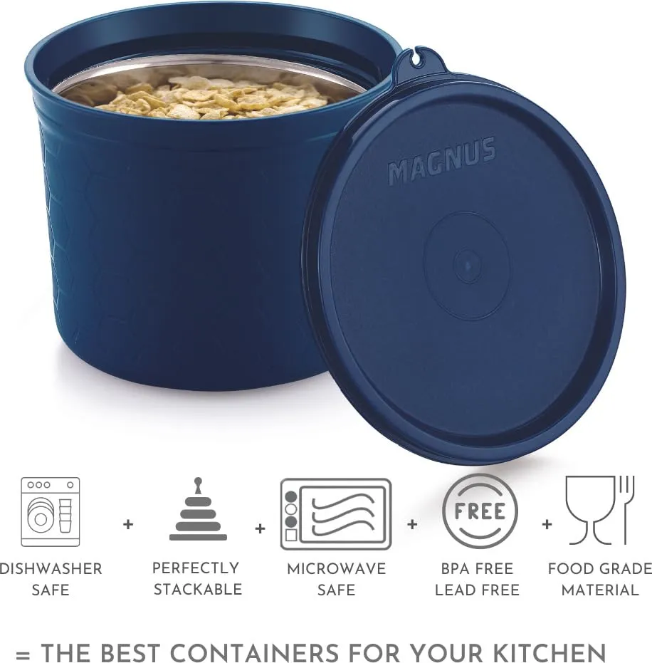 Magnus Stainless Steel Microwave Safe Easy Lock Lid Airtight Leakproof Storage Container Set of 2, 550ML, Blue, Black - Kitchen Accessories Items, Lunch Box, Lunch Boxes for Office Men