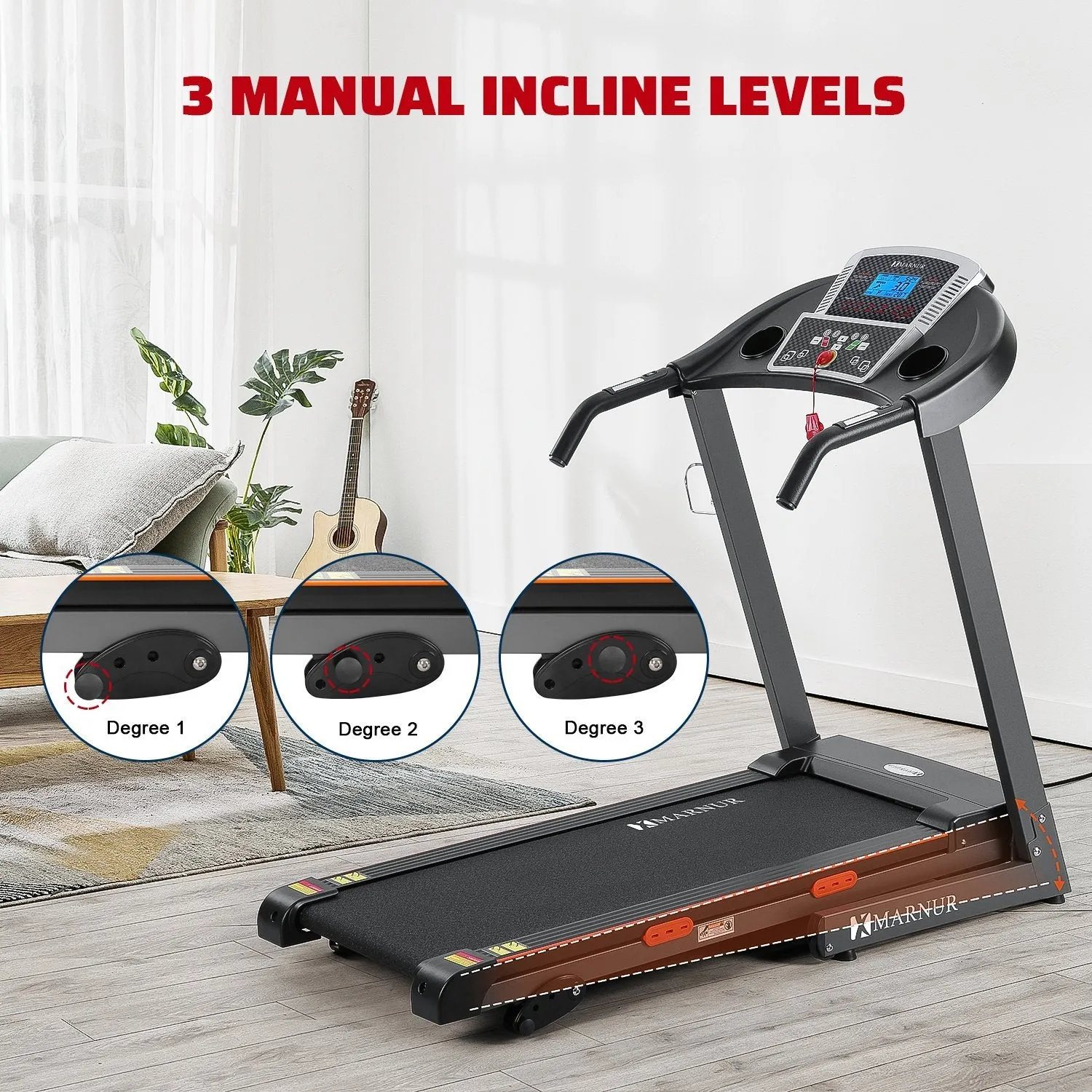 MARNUR Electric Treadmill Foldable 17" Wide Running Machine 3 Levels Manual Incline 2.5 HP Power 15 Preset Program Easy Assembly Max Speed 8.5 MPH with Large Display & Cup Holder for Home Use