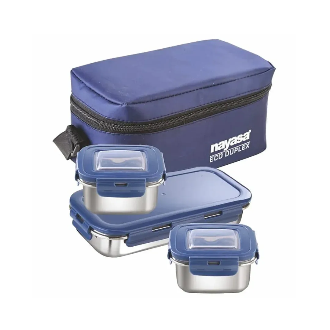 Nayasa Stainless Steel Eco Duplex 3 Containers Lunch Box For Office With Fabric Bag, Blue