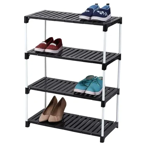 Portable Shoe Rack Organizer - Metal Rod & Plastic Shelves | Adjustable & Space-Saving Stand | Multipurpose Storage for Shoes, Books, Clothes, Kitchen, Bathroom, (4 Steps, Black)