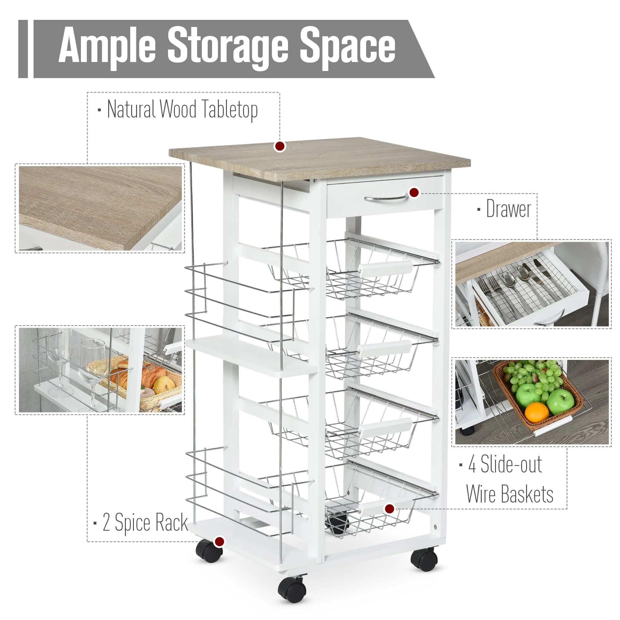 Rolling Kitchen Cart, Utility Storage Cart with 4 Basket Drawers & Side Racks, Wheels for Dining Room, Brown