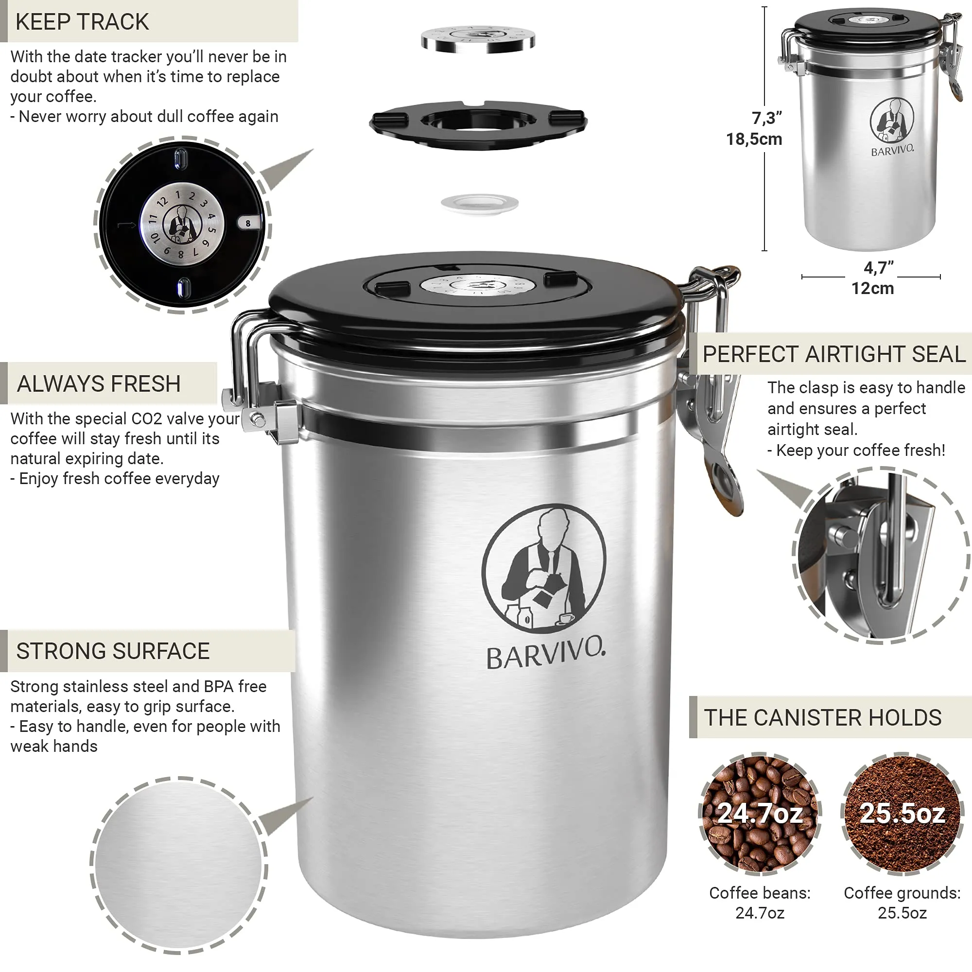 Stainless Steel Coffee Canister  Large  Keep Your Best Coffee Beans And Grounds