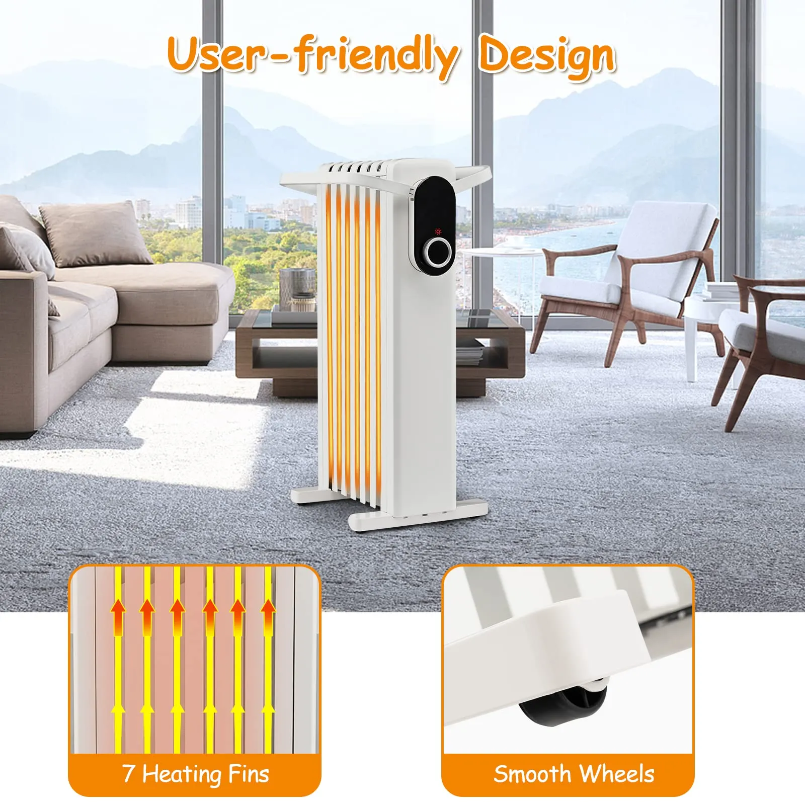 Tangkula 1500W Oil Filled Radiator Heater, Portable Electric Space Heater with 3 Heat Settings